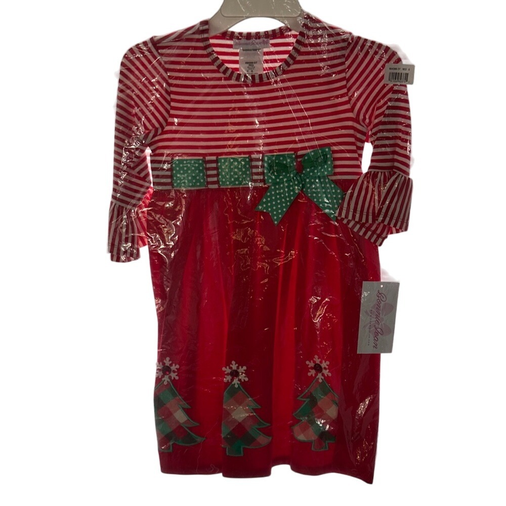 Bonnie Jean Girls Christmas Tree Dress Red White Stripe Size 6‎